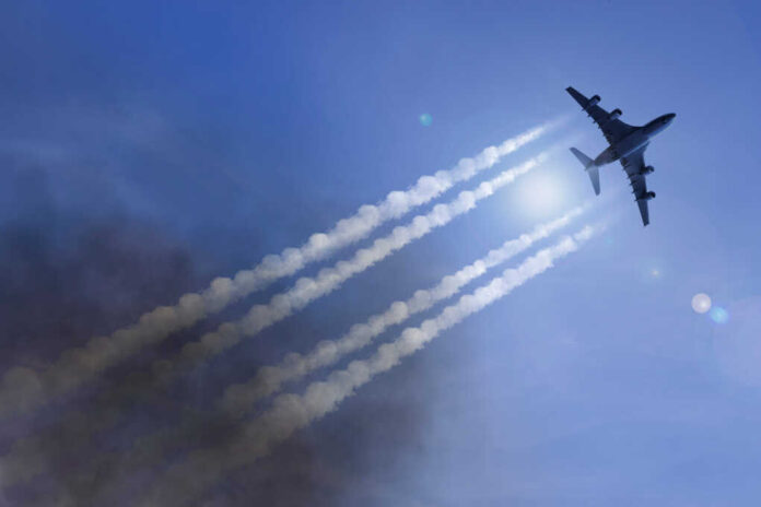 Passenger,Plane,Flies,In,Front,Of,Blue,Sky,And,Leaves