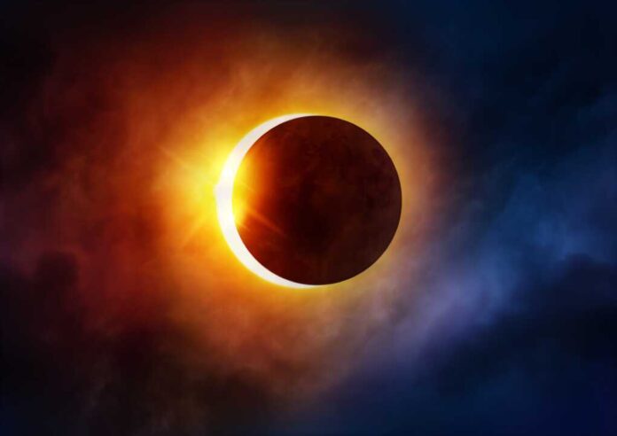 Solar,Eclipse.,The,Moon,Moving,In,Front,Of,The,Sun.
