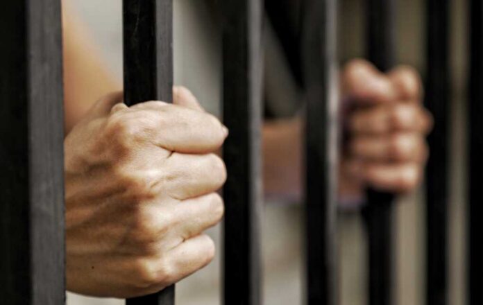 Hands,Of,Prisoner,Holding,Black,Metal,Bars,,Criminal,Locked,In